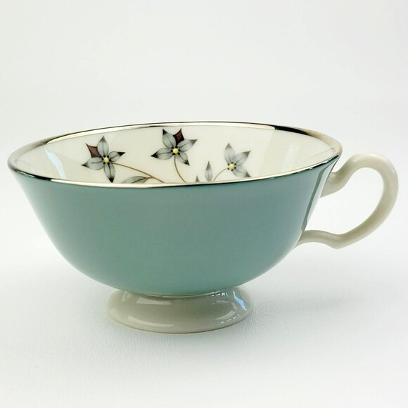 Lenox Kingsley Teacup & Saucer Teal Band Platinum Trim Floral Center c1954-79 - Picture 6 of 14